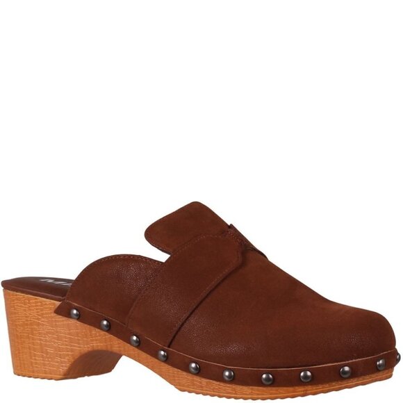 MIA Daisy Heel Clogs Brown Studs Wood Suede Slip On Vegan Leather 70s Y2K NEW - Picture 4 of 16